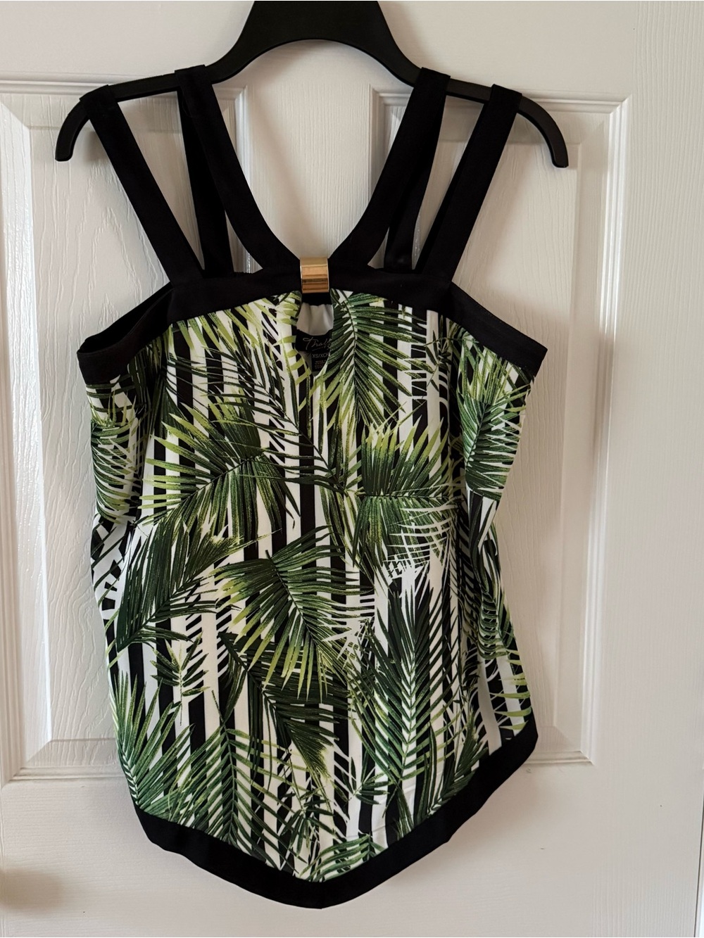 Thalia Sodi Palm Print Strappy Tank with Black Trim